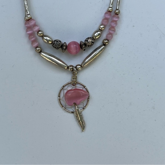 Vintage Native American Pink Bear Dream Catcher 925 Silver Beaded Necklace 18” - Picture 2 of 7